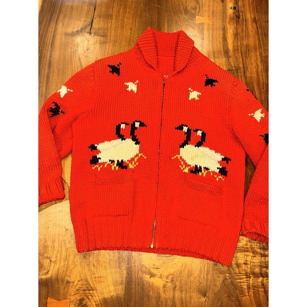 VINTAGE 50s Goose Cowichan 100% Wool Zip Cardigan Sweater Mary Maxim Red - Picture 15 of 16
